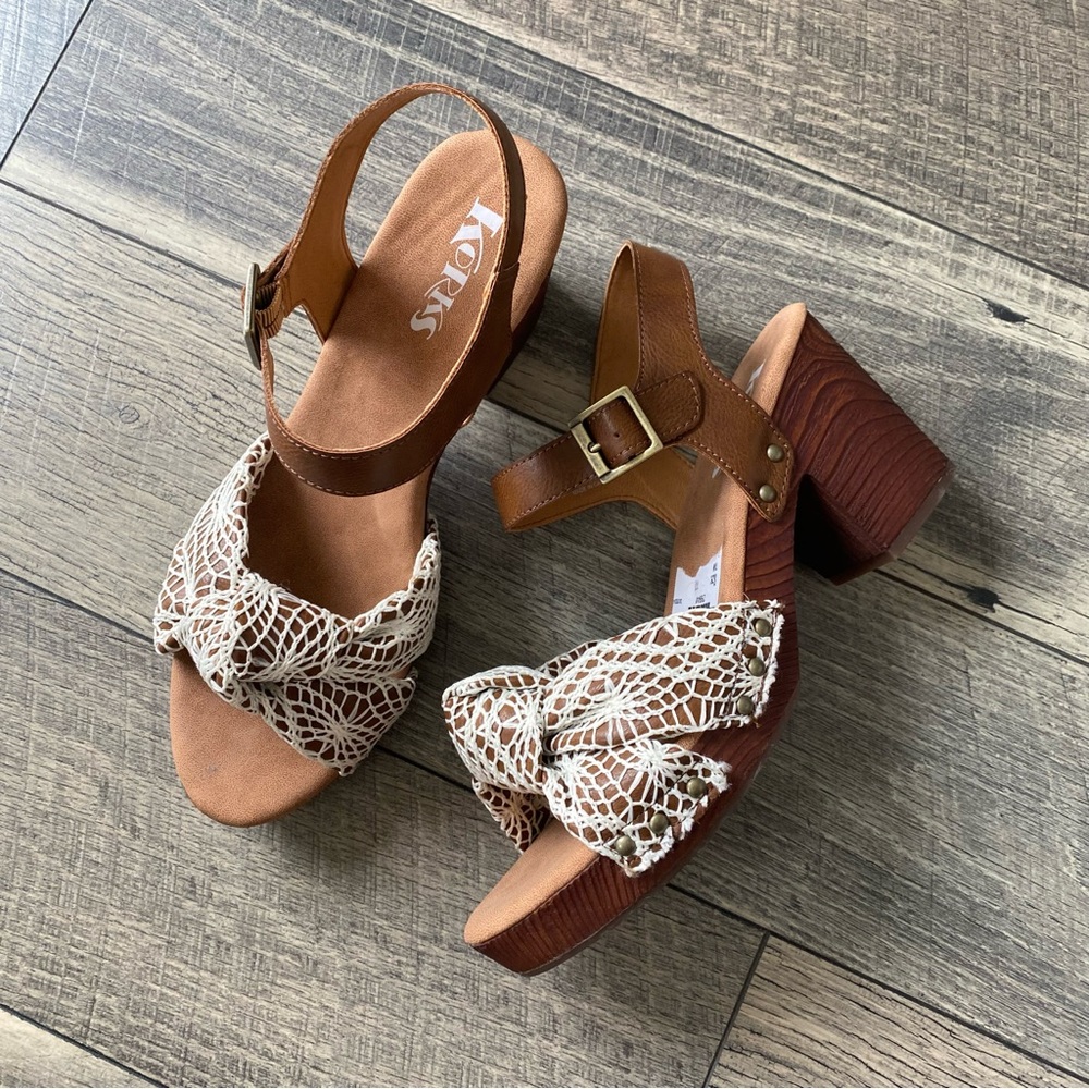 NWT Korks Natalia Cream Crochet Lace Sandals Heel Platform Brown Leather Sz 11